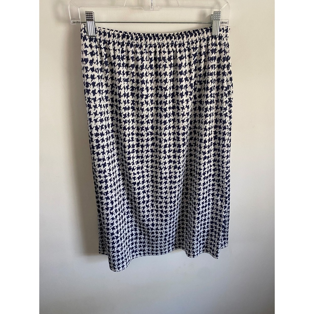 Vintage Navy White Houndstooth Midi Skirt Elastic Waist 14P Made in USA 6145